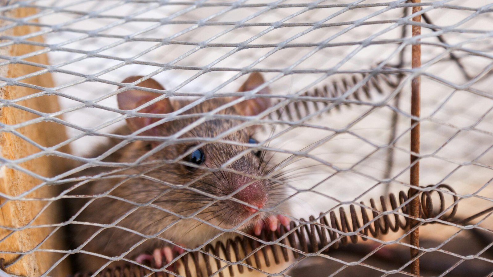 A close-up shot of a rat peeking through a wire cage, capturing its curious expression.